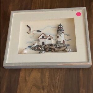 Handcrafted Cut Out Coastal Lighthouse Seagull 3D Scene In Wood Picture Frame.